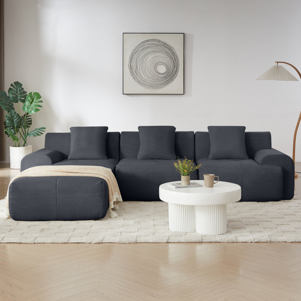113" Modern L-Shaped Modular Sectional Sofa for Living Room, Corduroy Upholstery dark gray, Oversized 3-Seater Couch with Deep Seat and Movable Ottoman – No Assembly