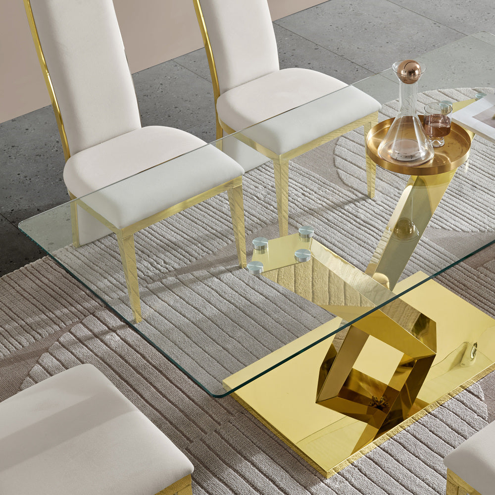 Gold stainless steel dining table 70.08 inch clear tempered glass top