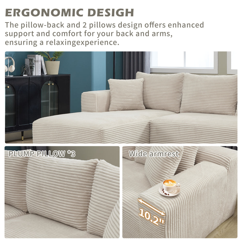 Modular Sectional Sofa Couches L-Shape Couch 3 Seat Modular Sofa Memory Foam Sectional Couches for Living Room, Cloud Couch with Oversized Chaise (Beige, Stripe (Left Facing Chaise))