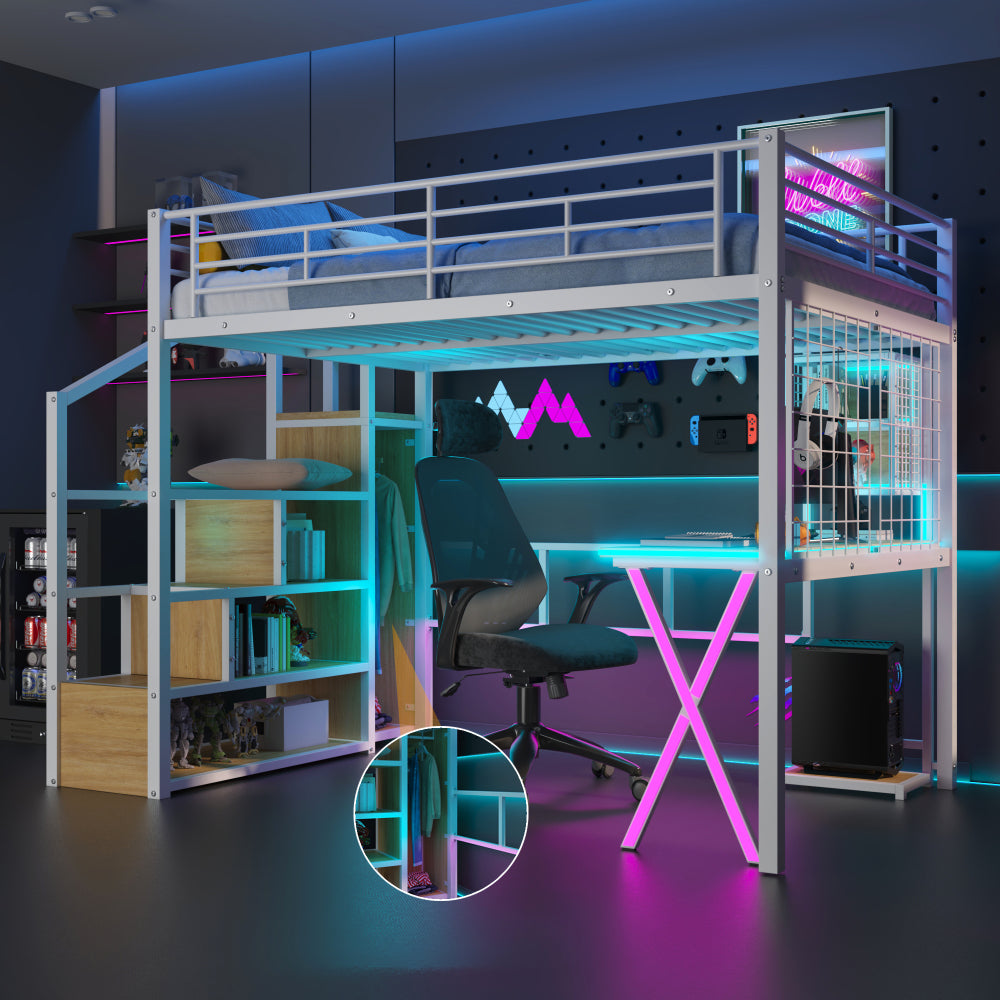 Full Size Metal Loft Bed with Built-in Work Station, Wardrobe, Storage Staircase and LED, Black
