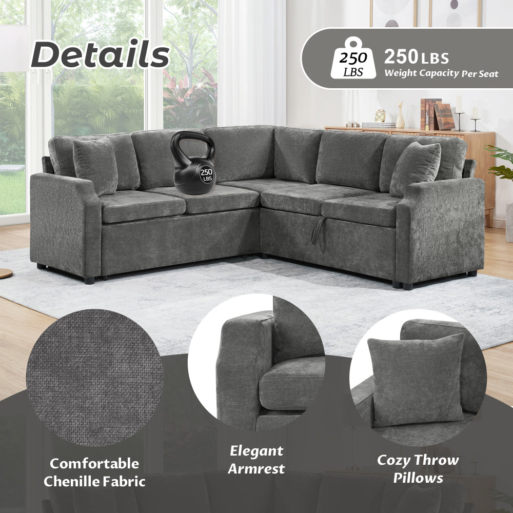 Sectional Sofa Bed L-shaped Sectional 81.9" Upholstered L-shaped Sofa with a Sofa Sleeper and a Hidden Storage Compartment for Living Room, Gray