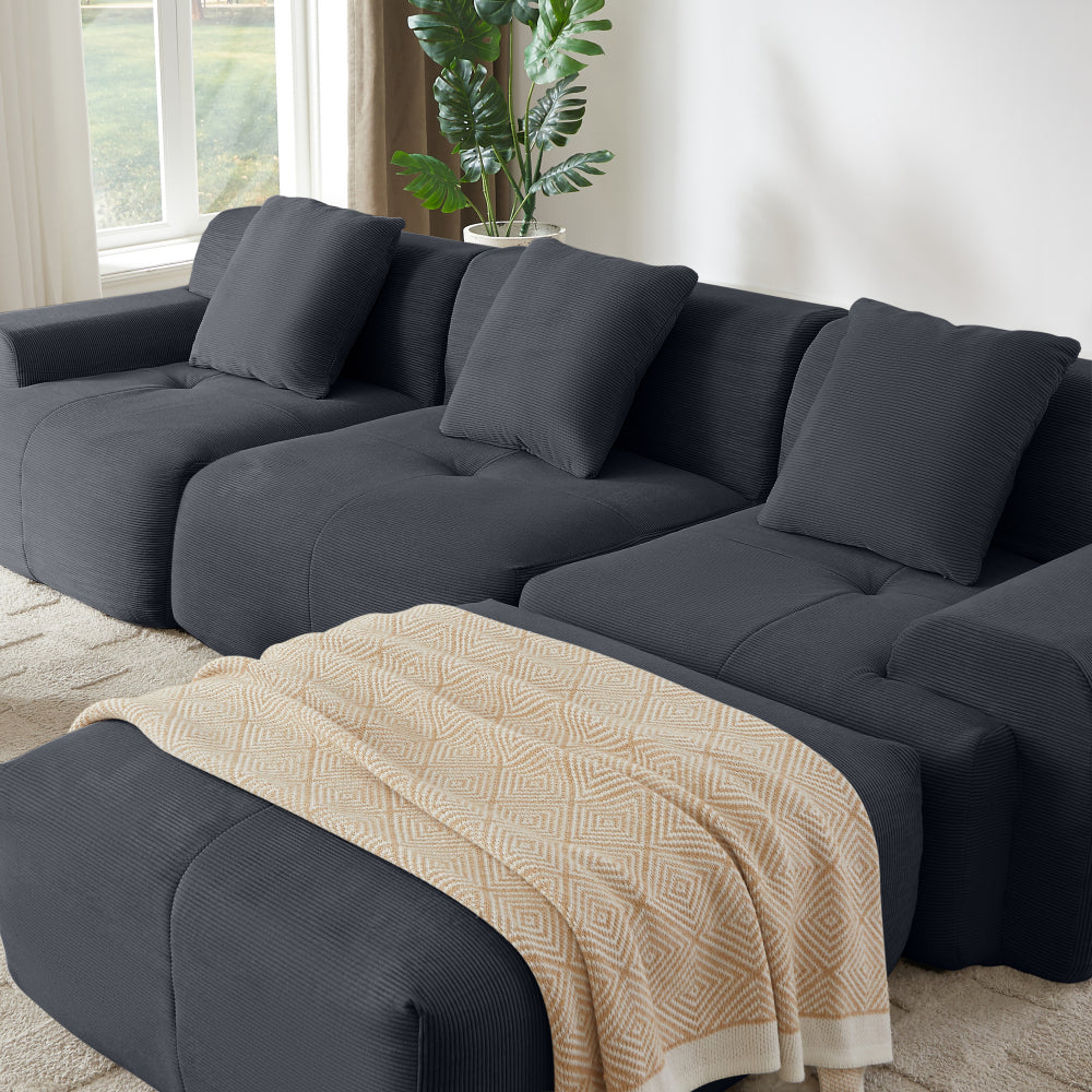 113" Modern L-Shaped Modular Sectional Sofa for Living Room, Corduroy Upholstery dark gray, Oversized 3-Seater Couch with Deep Seat and Movable Ottoman – No Assembly