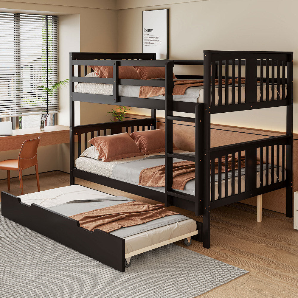 Full over Full Bunk Bed with Twin Size Trundle and Ladder-Gray(Old SKU: LT000204AAE)