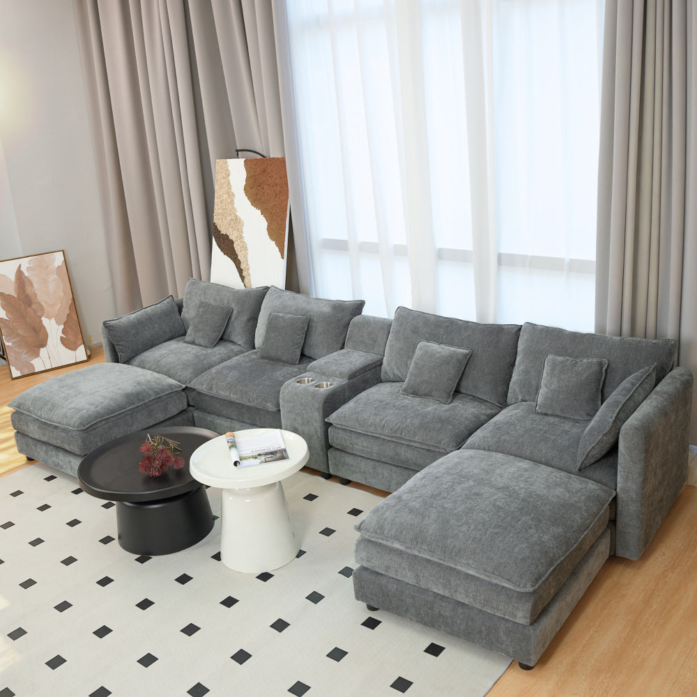 U Shaped Sectional Cloud Couch for Living Room,144" Comfy Fluffy Modular Sofa with Movable Ottoman Modern Chenille 6 Seat Sectional Sofa Set with Storage Box, Cup Holders, Grey