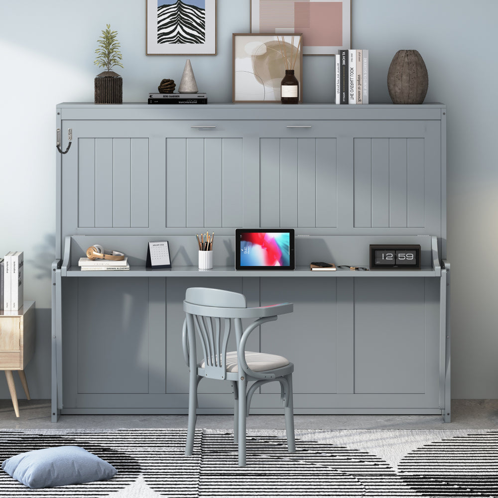 Queen Size Murphy Bed with Hydraulic Lift & Desk Design, White(OLD SKU: N820S00033K)