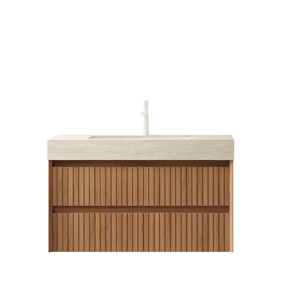 TILLEY 36" Bathroom Vanity&Sink, Floating Striped Plywood Storage Cabinet with 2 Drawers, Travertine-Pattern Sintered Stone Top with Ceramic Undermount Basin, Pre-assembled, Espresso Woodgrain Color