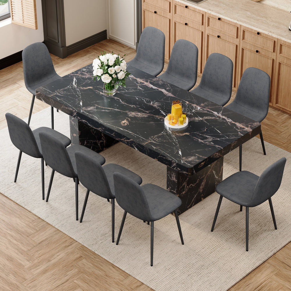 Table and chair set.78.7"*39.4"*29.9"inches MDF Luxurious Black Marble Pattern Dining Table,With a 3.5-inch thick tabletop.Paired with 10 Light Gray Linen Fabric Chairs With Black Sturdy Metal Legs.
