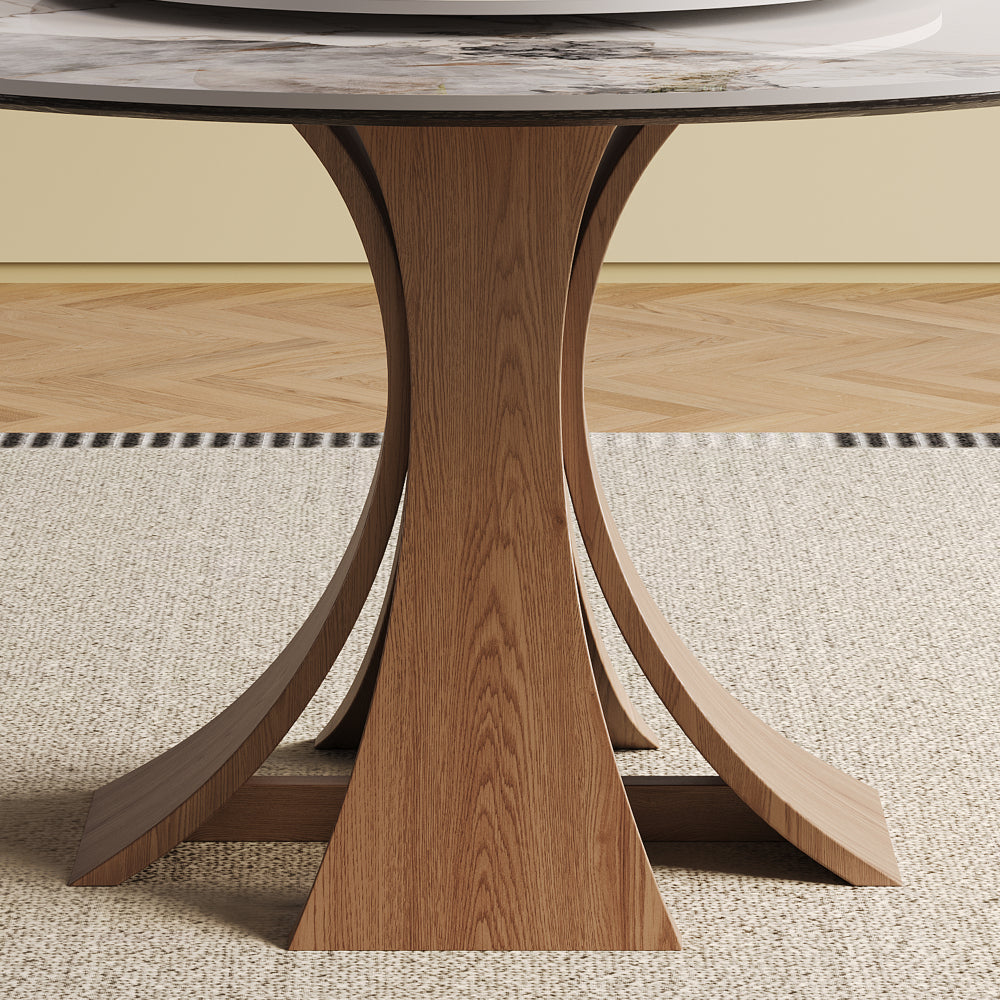59-inch Modern Sintered Stone Dining Table, Equipped with a 35-Inch Round Turntable, Seating 6-8 People, with a Unique Walnut-colored Wooden Base