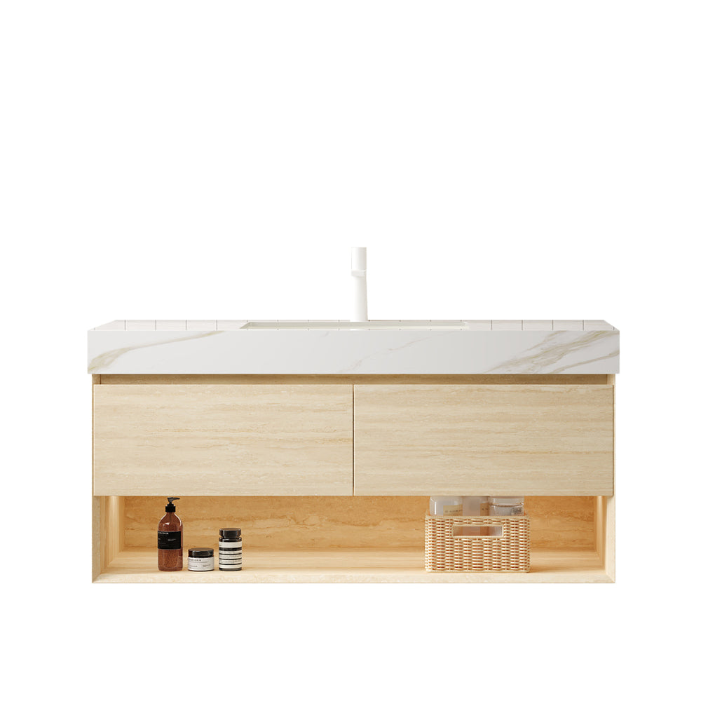 FRIGGA 48" Bathroom Vanity&Sink, Floating Plywood Storage Cabinet, Drawers&Shelf with Sensor Light, Ceramic Undermount Basin&Calacatta Gold Sintered Stone Top, Pre-assembled, Travertine Texture Finish