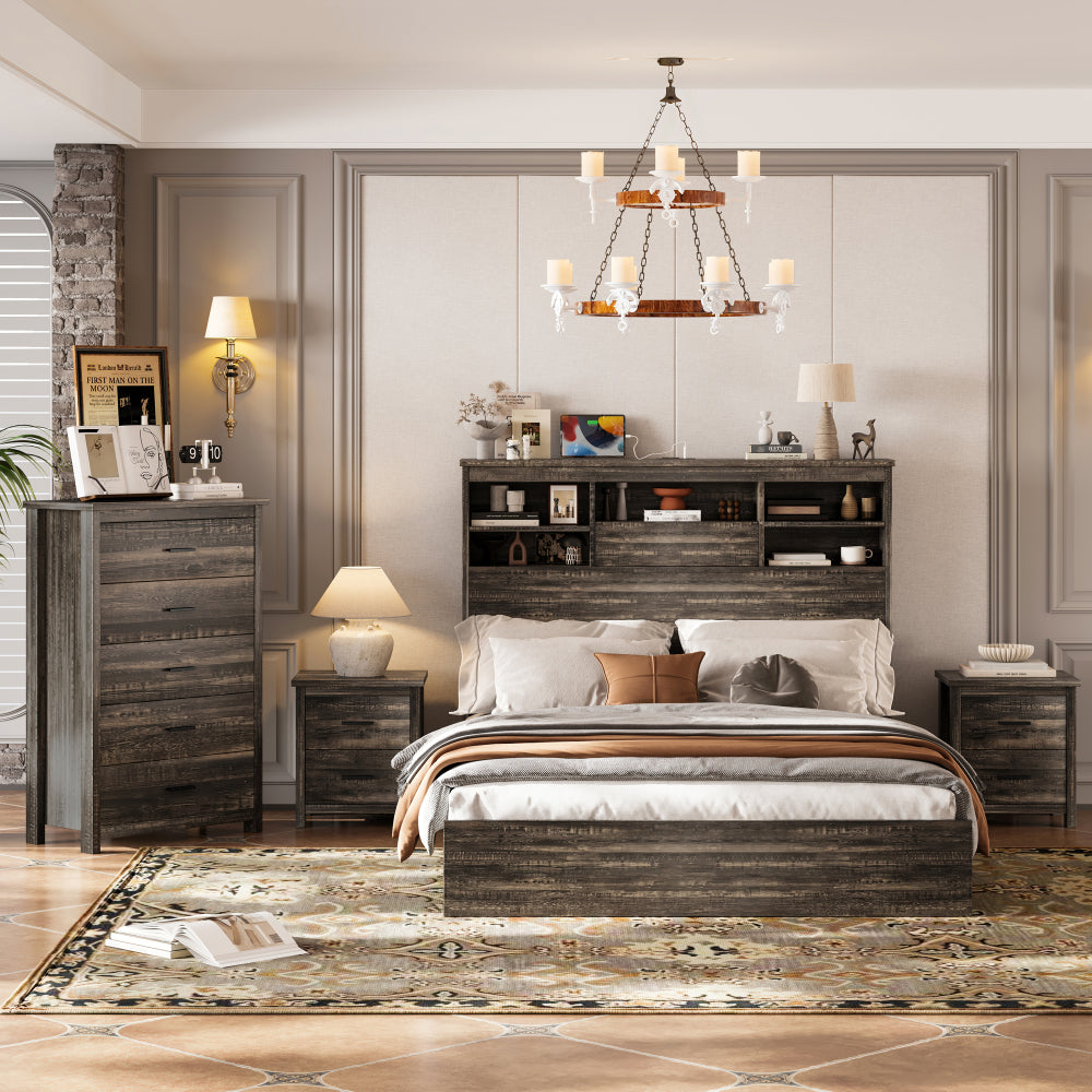 4PCS Bedroom Sets, Wooden Queen Size Bed Frame with Storage Headboard and Charging Station, 2 Nightstands with 2 Drawers, 1 Dresser with 5 Drawers, Walnut(old SKU HL000102AAD)