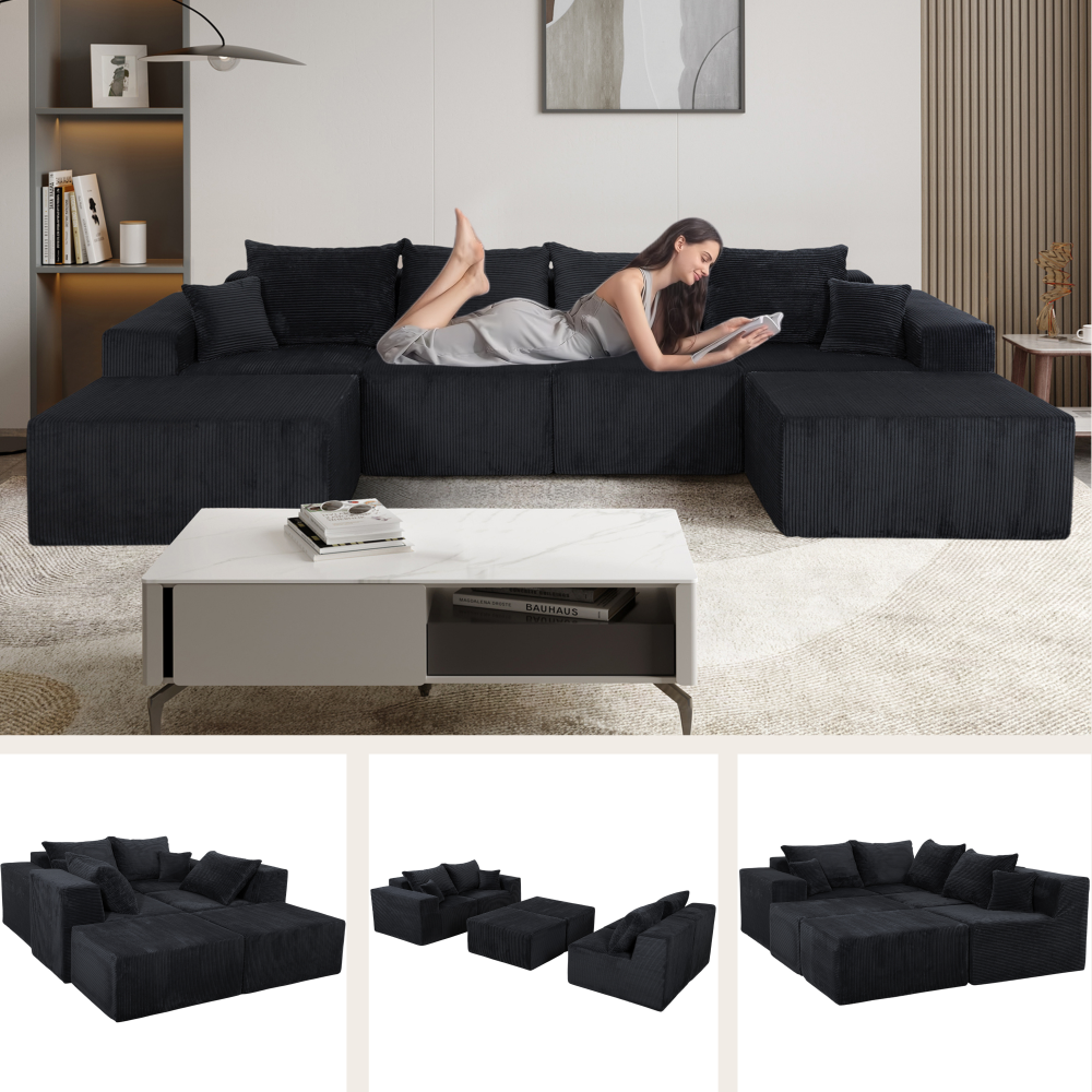 6-Piece Modular U-Shaped Sectional Sofa in Gray, Convertible Oversized Couch with Chaise Lounge, No Assembly Needed, Soft Corduroy Upholstery, Modern Family Living Room Furniture