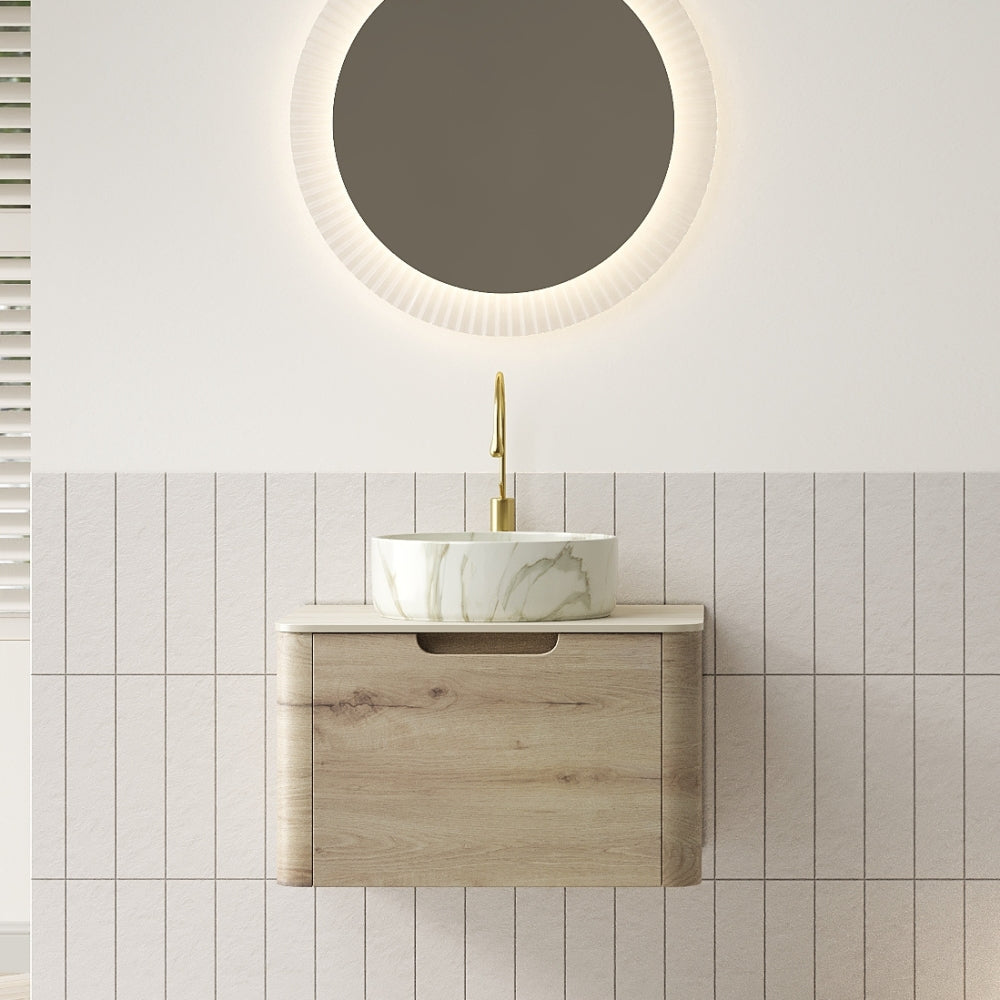 XAI 36" Bathroom Vanity with Sink, Floating Plywood Storage Cabinet with Drawer, Transparent Round Glass Basin and Roma Travertine-Pattern Sintered Stone Top, Pre-assembled, White Oak Woodgrain Color