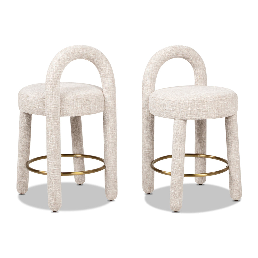 Penny 26.5" Round Arched Upholstered Counter Stool, Set of 2, Travertine Beige Chenille