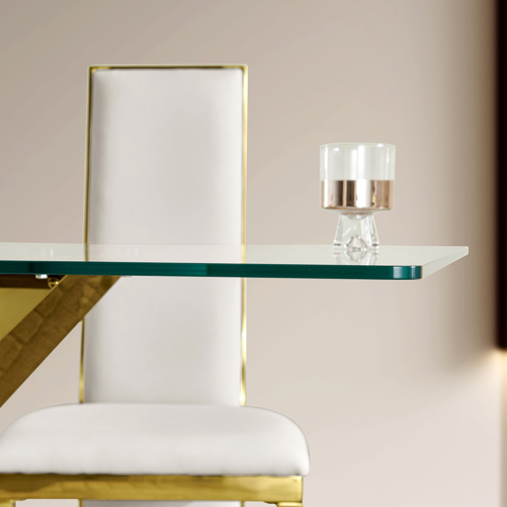 Gold stainless steel dining table 70.08 inch clear tempered glass top