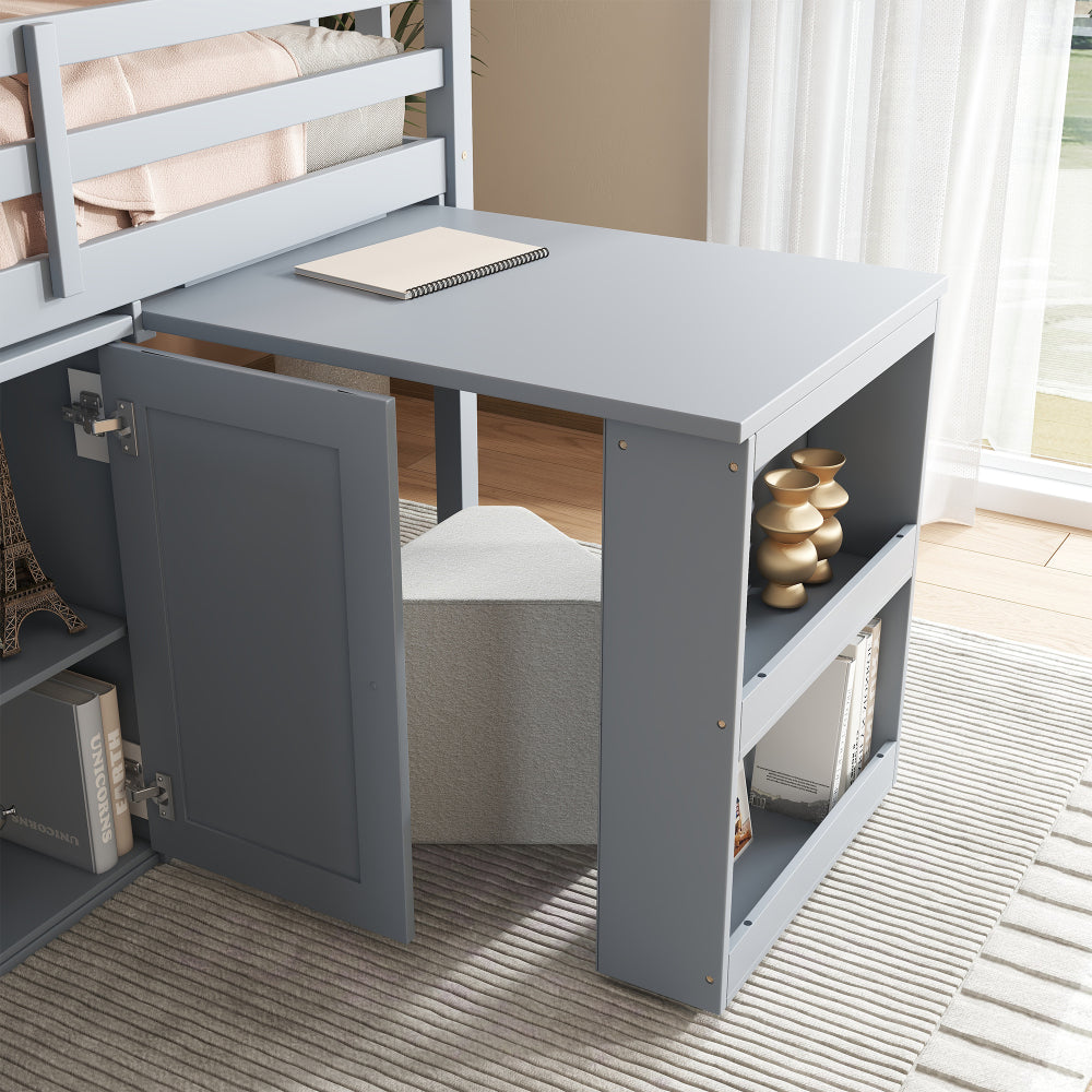 Twin Loft Bed with Storage Cabinet, Drawer and Shelf Cabinet and Pulling-Out Desk, Rubber Wood Loft Bed with Safety Guardrail, Ladder,Grey657