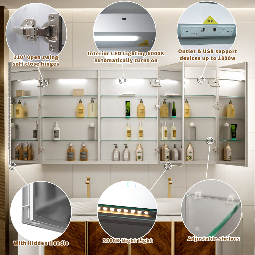 60"x32" Bathroom medicine cabinet with lights, Led bathroom mirror with storage, Adjustable Color Temperature & Brightness, Adjustable Shelves,Waterproof Wall-Mounted,Anti Fog,Time Display
