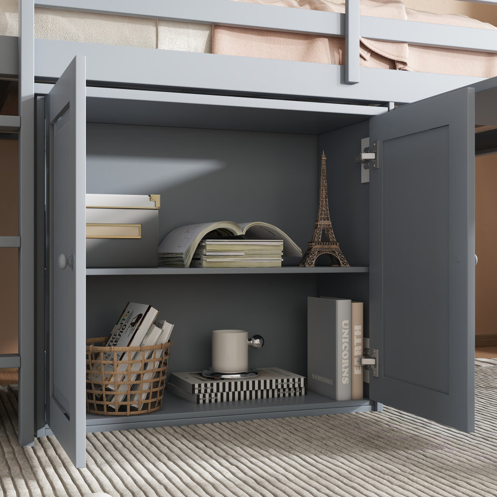Twin Loft Bed with Storage Cabinet, Drawer and Shelf Cabinet and Pulling-Out Desk, Rubber Wood Loft Bed with Safety Guardrail, Ladder,Grey657
