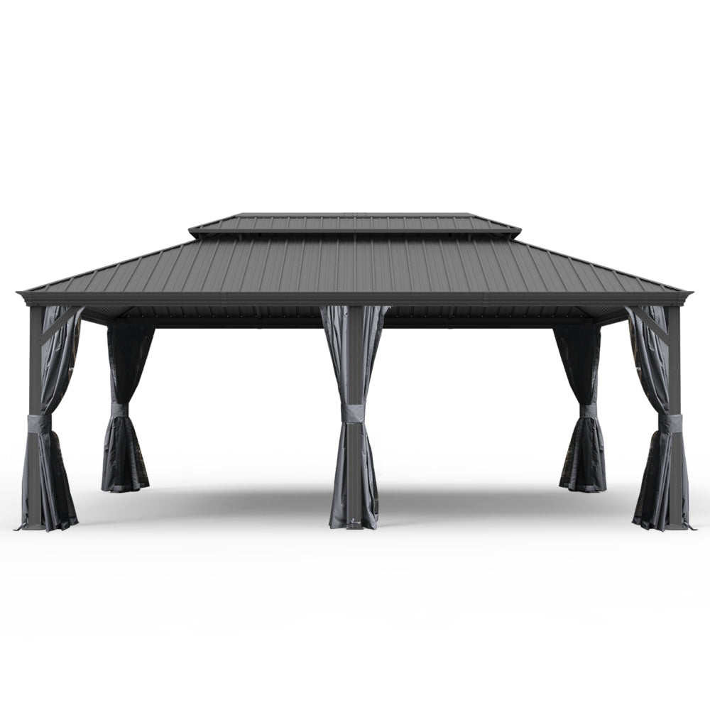 12' X 20' Hardtop Gazebo, Upgraded Metal Gazebo with Drainage System, Dual-Layer Galvanized Steel Roof, Curtain and Netting, Outdoor Shelter Canopy for Patio, Garden, and Backyard, Grey