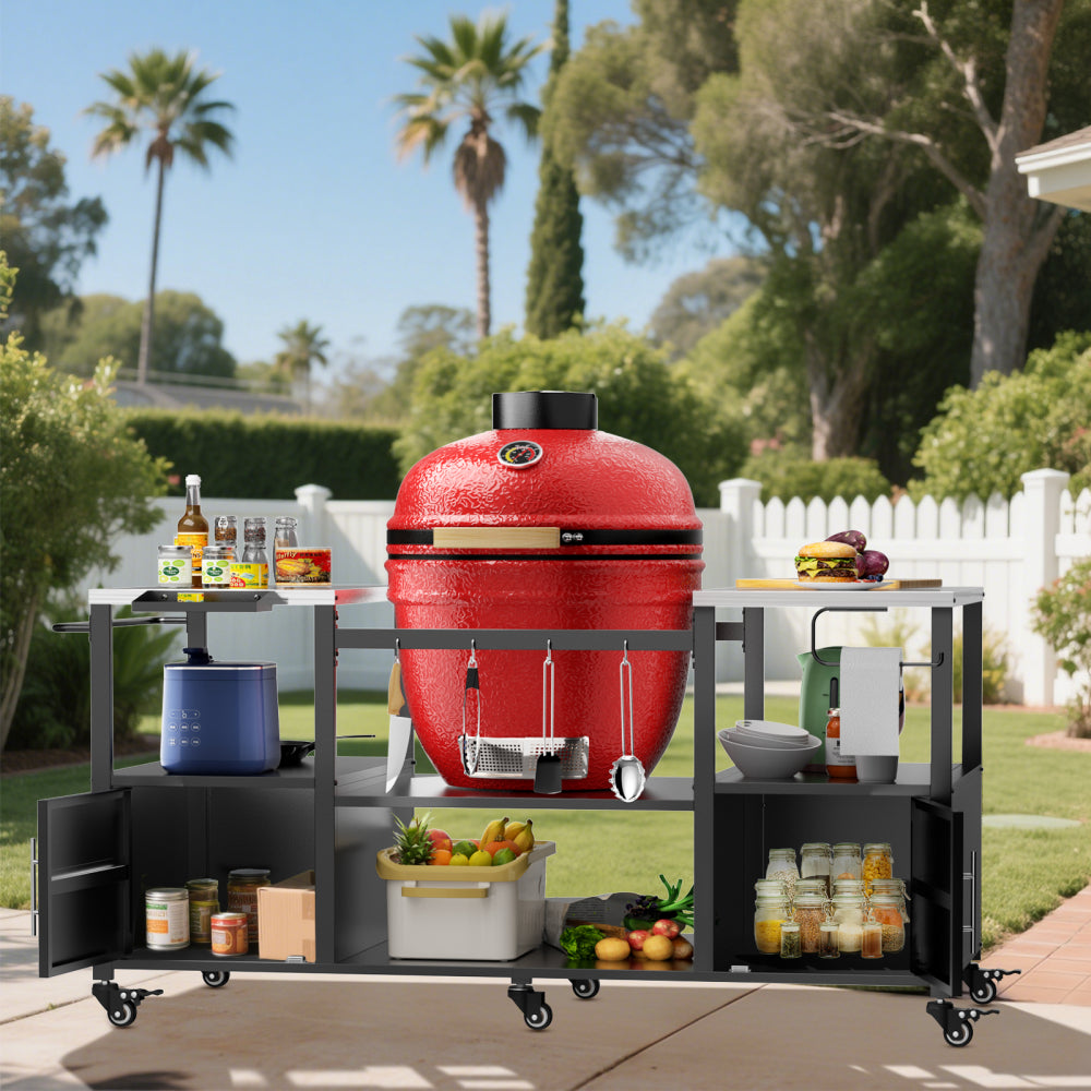 Outdoor Grill Cart for Two Big Green Egg, Metal Grill Table Compatible with Large Big Green Egg,Kamado Joe 18 Inch,and other similar models