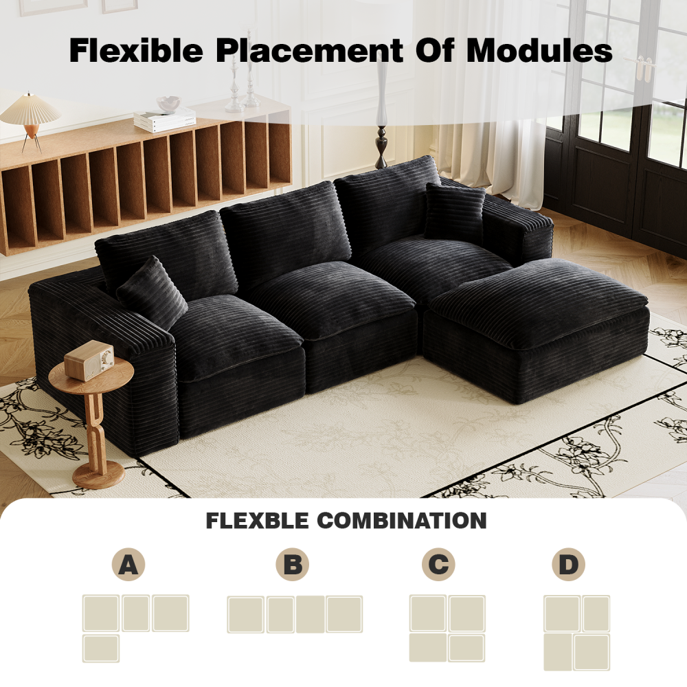 108" Cloud Sectional Couch with L-Shape Chaise, Left-right interchangeable,Modern Modular Sofa with Deep Seat, Upholstered Couches for Living Room Bedroom,No Assembly Required, Soft Plush Corduroy Fab