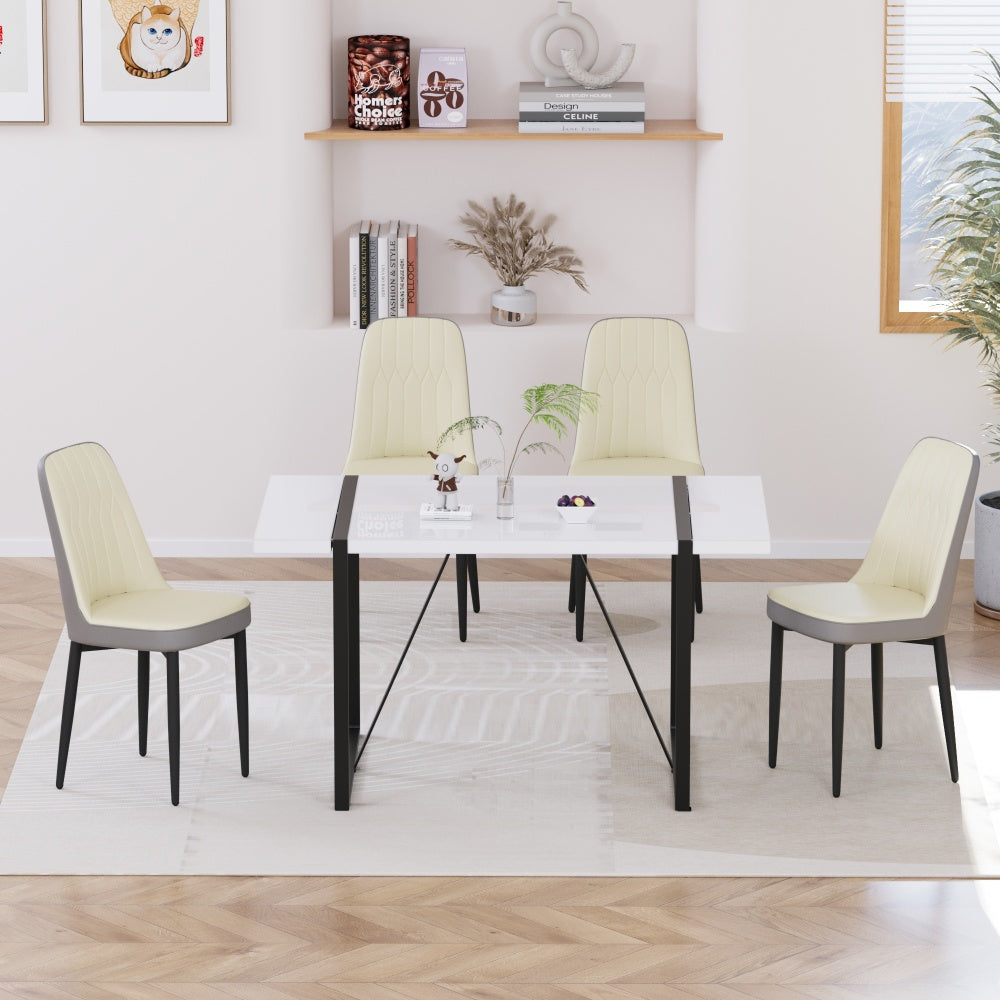 55 "4-person modern MDF dining table set, kitchen black metal leg dining table and chair set, industrial rectangular white tabletop and dining room thick padded PU dining chairs