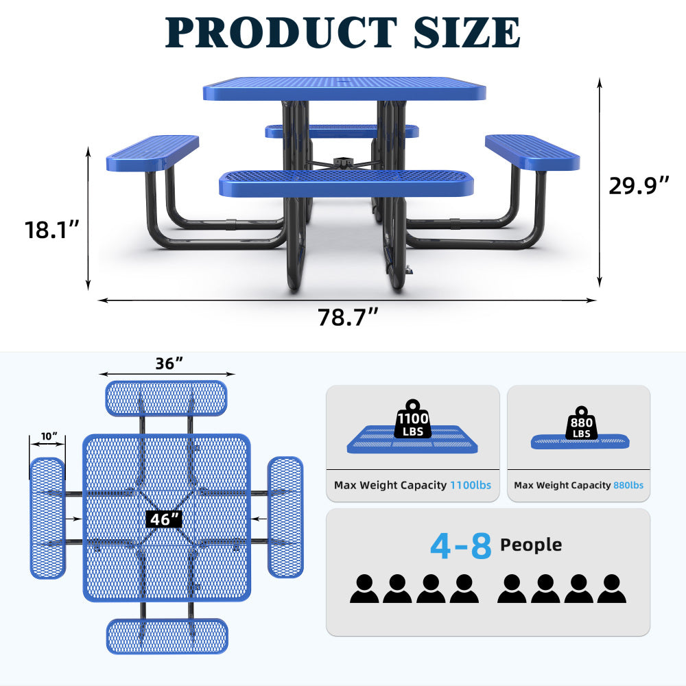 46-Inch Blue Square Picnic Table with Umbrella Hole