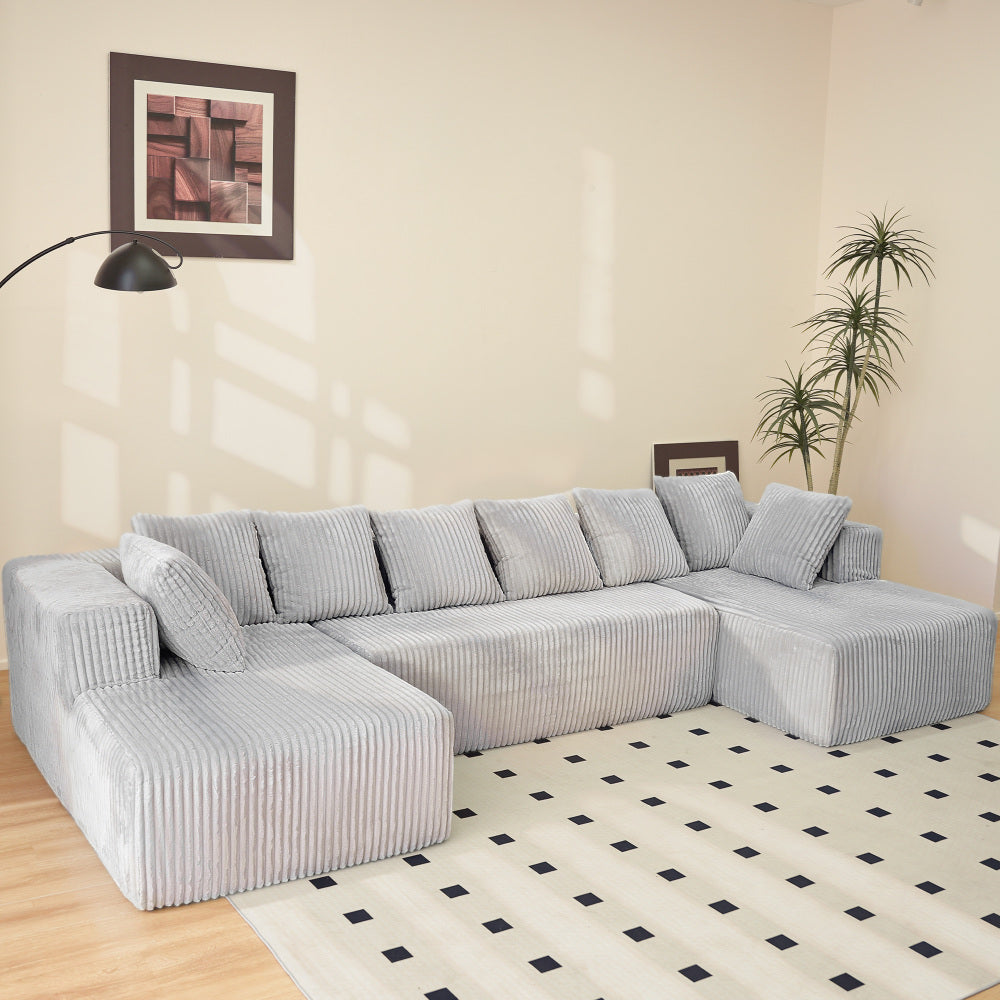 Modular U-Shaped Sectional Sofa,130-inch 4-Seater Chaise Lounge with Reversible Design, Striped Corduroy Fabric in Gray – Customizable Living Room or Bedroom Couch, Freely Configurable Layout.