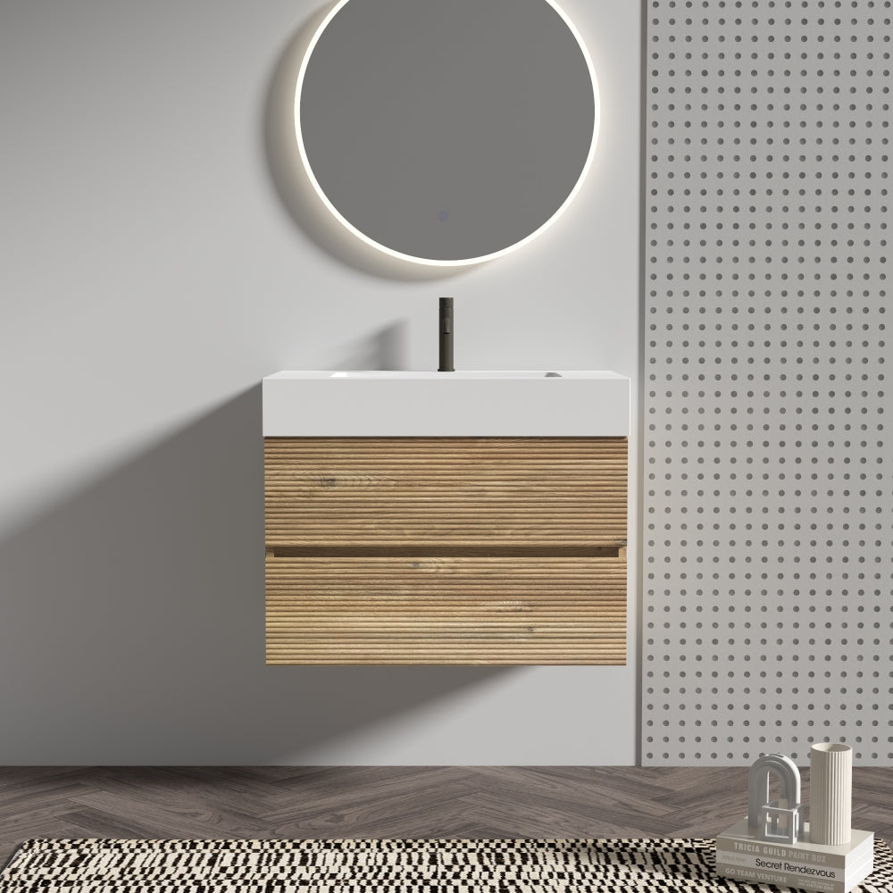 Grace 36" Rough Oak+Rough Oak Bathroom Vanity with White Engineered Quartz Sink and Soft Drawers, Wall Mounted Floating Bathroom Vanity for Modern Bathroom, One-Piece White Glossy Basin, KD