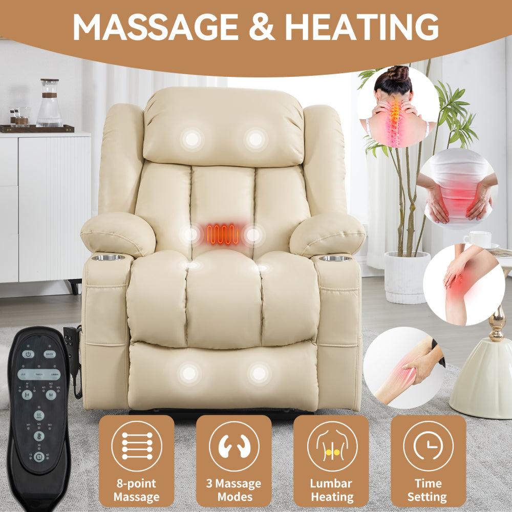 Dual Motor Infinite Position Up to 350 LBS Leatherair Power Lift Recliner Chair, Heavy Duty Motion Mechanism with 8-Point Vibration Massage and Lumbar Heating, Stainless steel Cup Holders, Beige