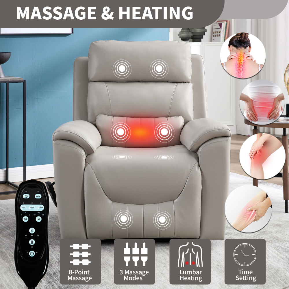 Dual Motor Infinite Position Up to 350 LBS Leatherair Power Lift Recliner Chair, Heavy Duty Motion Mechanism with 8-Point Vibration Massage and Lumbar Heating,Grey