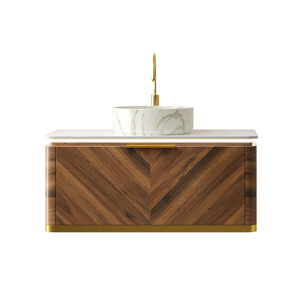 DIPA 36" Bathroom Vanity&Sink, Floating Plywood Storage Cabinet with Sensor Light, Drawer, Stone Pattern White Round Ceramic Vessel Basin&Sintered Stone Top, Pre-assembled, Dark Walnut Woodgrain Color