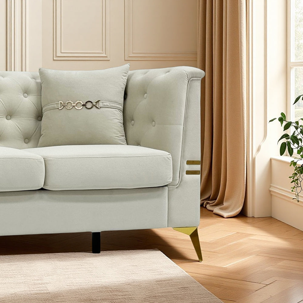 FX-P83-2PC SOFA -CW4 Modern Velvet Upholstered Sofa Set of 2, Cream White 3-Seater Sofas with Gold Metal Legs Contemporary Living Room Furniture for Family Homes, Apartments, and Lounge Spaces