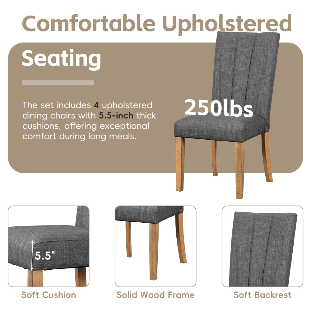 TOPMAX Farmhouse 78.1inch Extendable Wood Dining Table Set for 6, Kitchen Table Set with Bench and 4 Upholstered Chairs,3.8inch Thick Tabletop and Trestle Legs for Kitchen, Dining Room, Gray