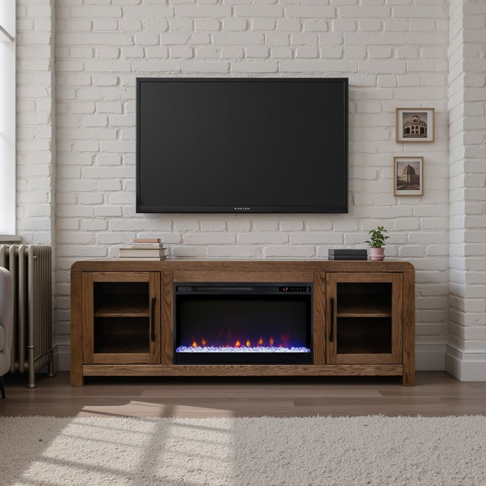 Haven 65 inch Fireplace TV Stand with Glass Doors, for TVs up to 75 inches, Minimal Assembly, Oak Bourbon Finish
