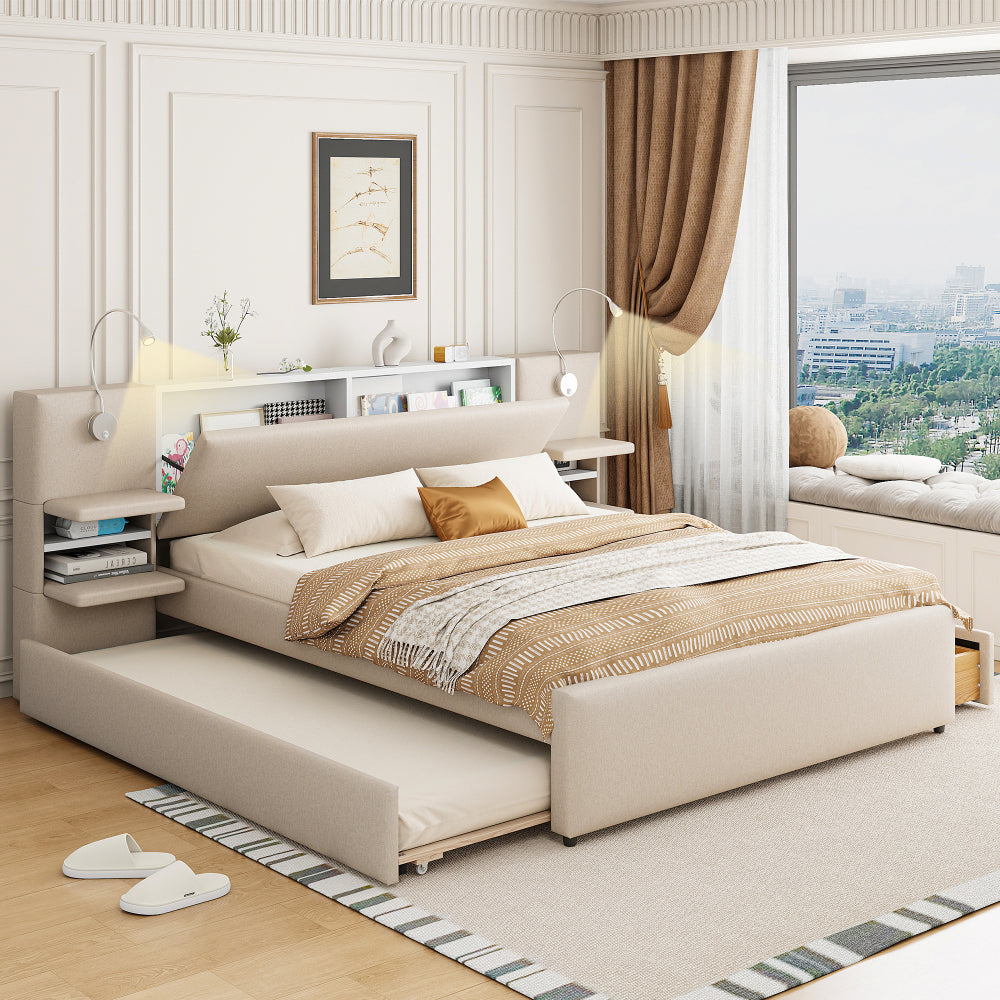 Queen Size Upholstered Platform Bed with Reading Lights, Drawers, Trundle and Shelves, Gray