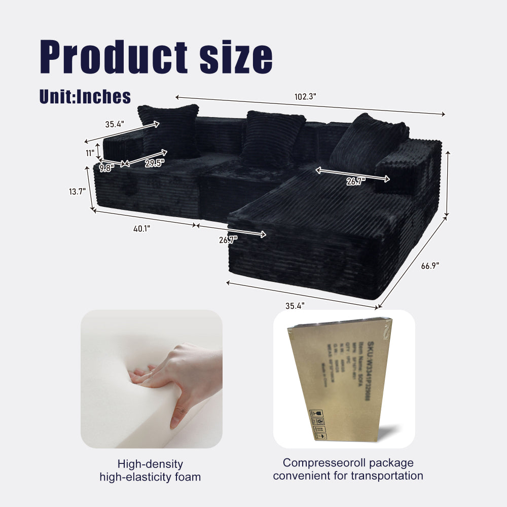 Compression Sectional Couch with Comfy Chaise, Boneless L Shape Sofa with Deep Seat, Minimalist Modular Couches Sleeper for Living Room Bedroom Apartment Lounge,corduroy,Black