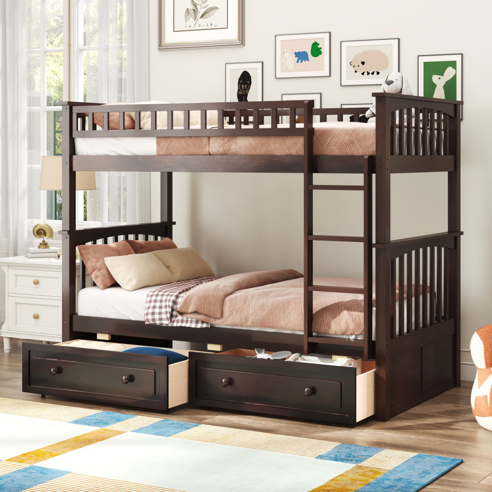 Twin over Full Bunk Bed with Drawers, Convertible Beds, White