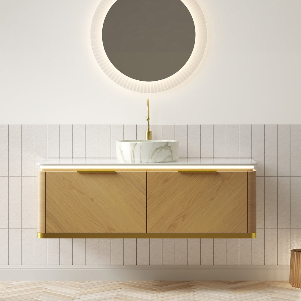 DIPA 36" Bathroom Vanity&Sink, Floating Plywood Storage Cabinet with Sensor Light, Drawer, Stone Pattern White Round Ceramic Vessel Basin&Sintered Stone Top, Pre-assembled, Dark Walnut Woodgrain Color