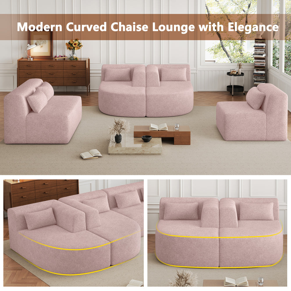 144" Upholstered Sofa Free-combined Sofa Couch with Two Chaise Lounge and Five Back Pillows for Living Room, Pink