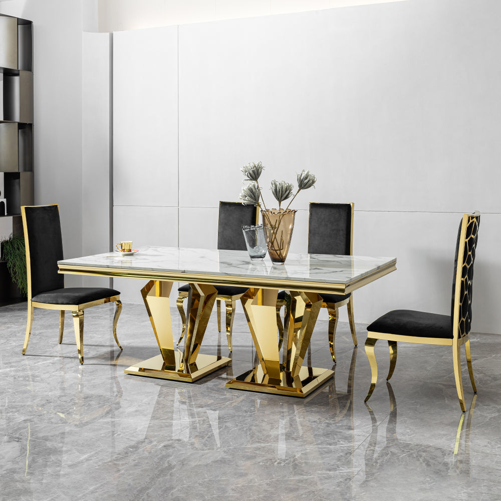 MDF Marble Top Dining Table Rectangular 70.07" L x 34.64" W x 29.92" H Gold Polished Stainless Steel Base
