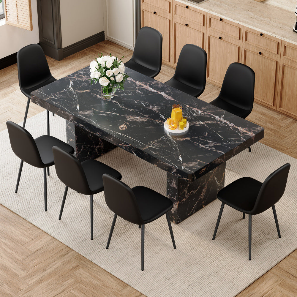 Table and chair set.78.7"*39.4"*29.9"inches MDF Luxurious Black Marble Pattern Dining Table,With a 3.5-inch thick tabletop.Paired with 10 Light Gray Linen Fabric Chairs With Black Sturdy Metal Legs.