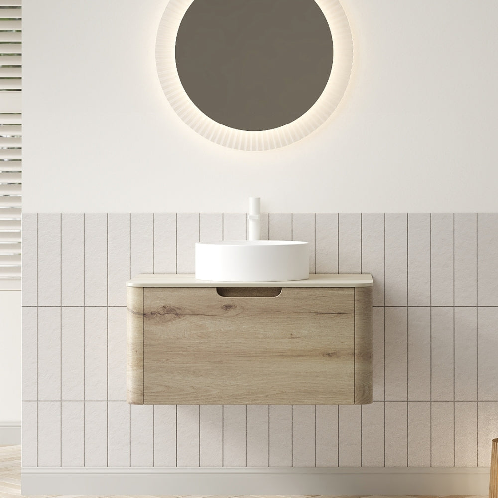 XAI 36" Bathroom Vanity with Sink, Floating Plywood Storage Cabinet with Drawer, Transparent Round Glass Basin and Roma Travertine-Pattern Sintered Stone Top, Pre-assembled, White Oak Woodgrain Color