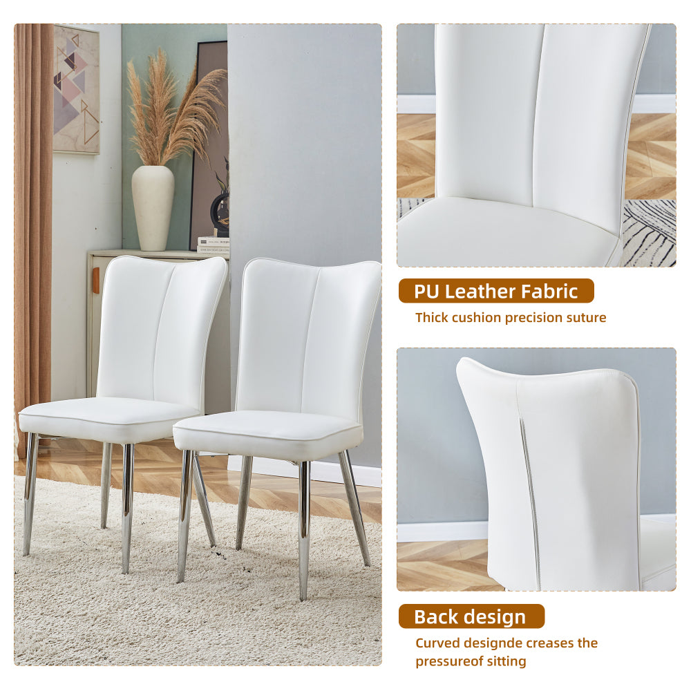 Table and chair set.With a Expandable mechanism,the Wood Grain MDF table top and silver metal legs and has a smooth surface.Paried With 4 White PU Chairs with a vertical stripe design on the backrest.