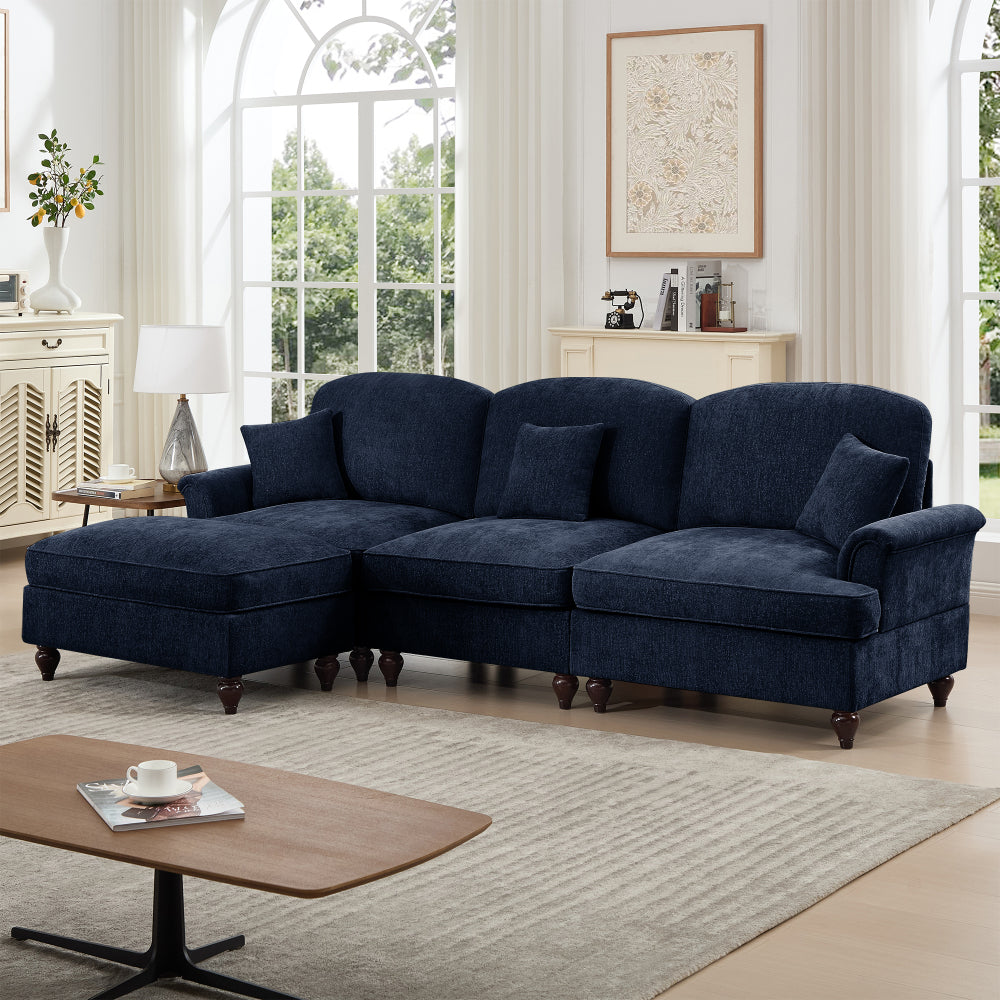 Mid Century Three Seater Modular L Shaped Sectional Couch with Flared Arms and Removable Ruffles Pleats Skirts and Spindle Legs, Comfy Chenille 3-Seat Deep Seat Sofa with Movable Ottoman,Blue