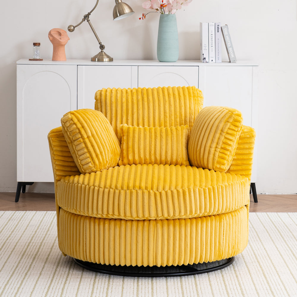 Oversized 360 Degreed Swivel Accent Chair Modern Soft Plush Corduroy Round Barrel Chair for Living Room Bedroom with Pillows, Orange
