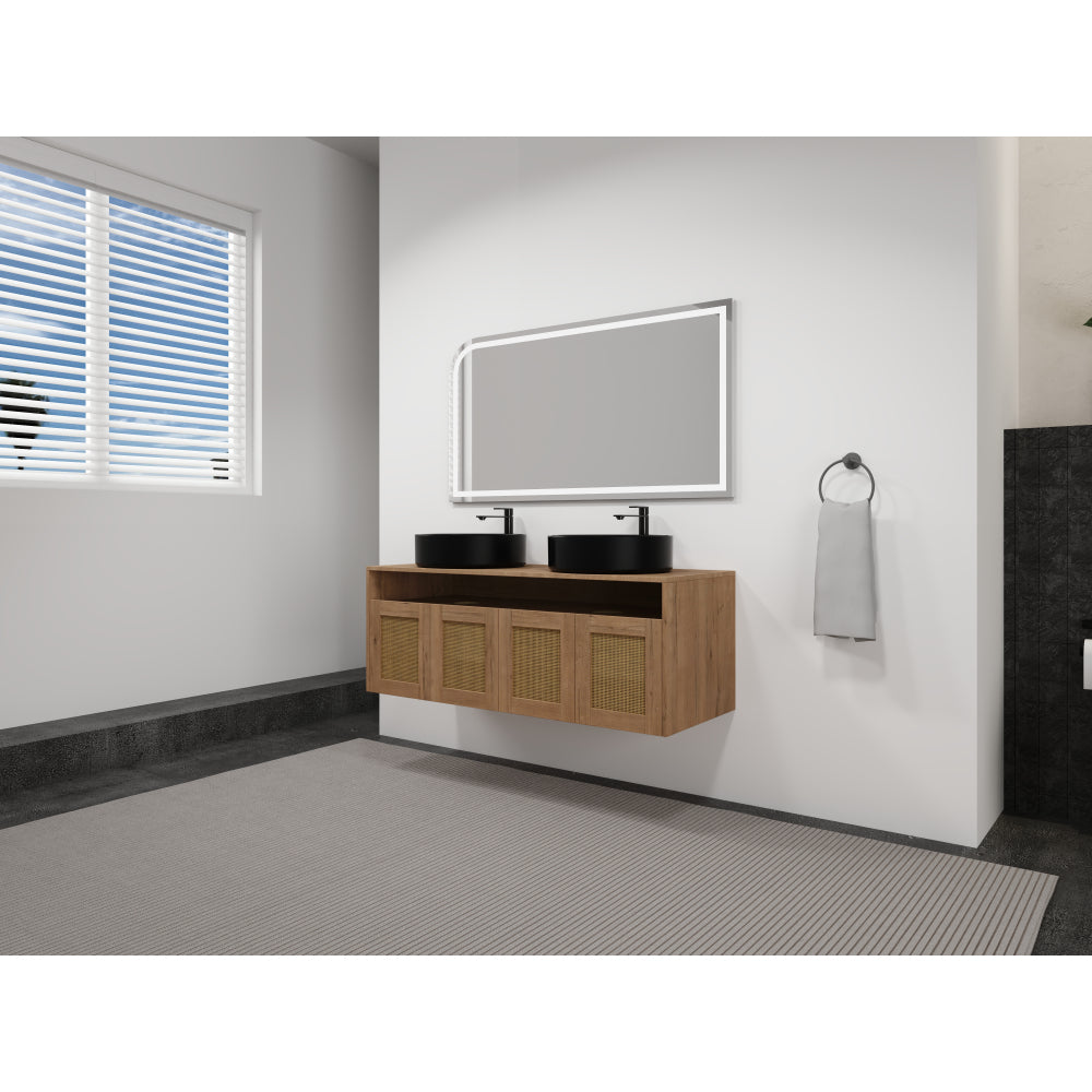 48" Bathroom Vanity with Black Ceramic Art Sink, 4-Soft Close Door, Float Mounting Design, Plywood (KD-Packing)
