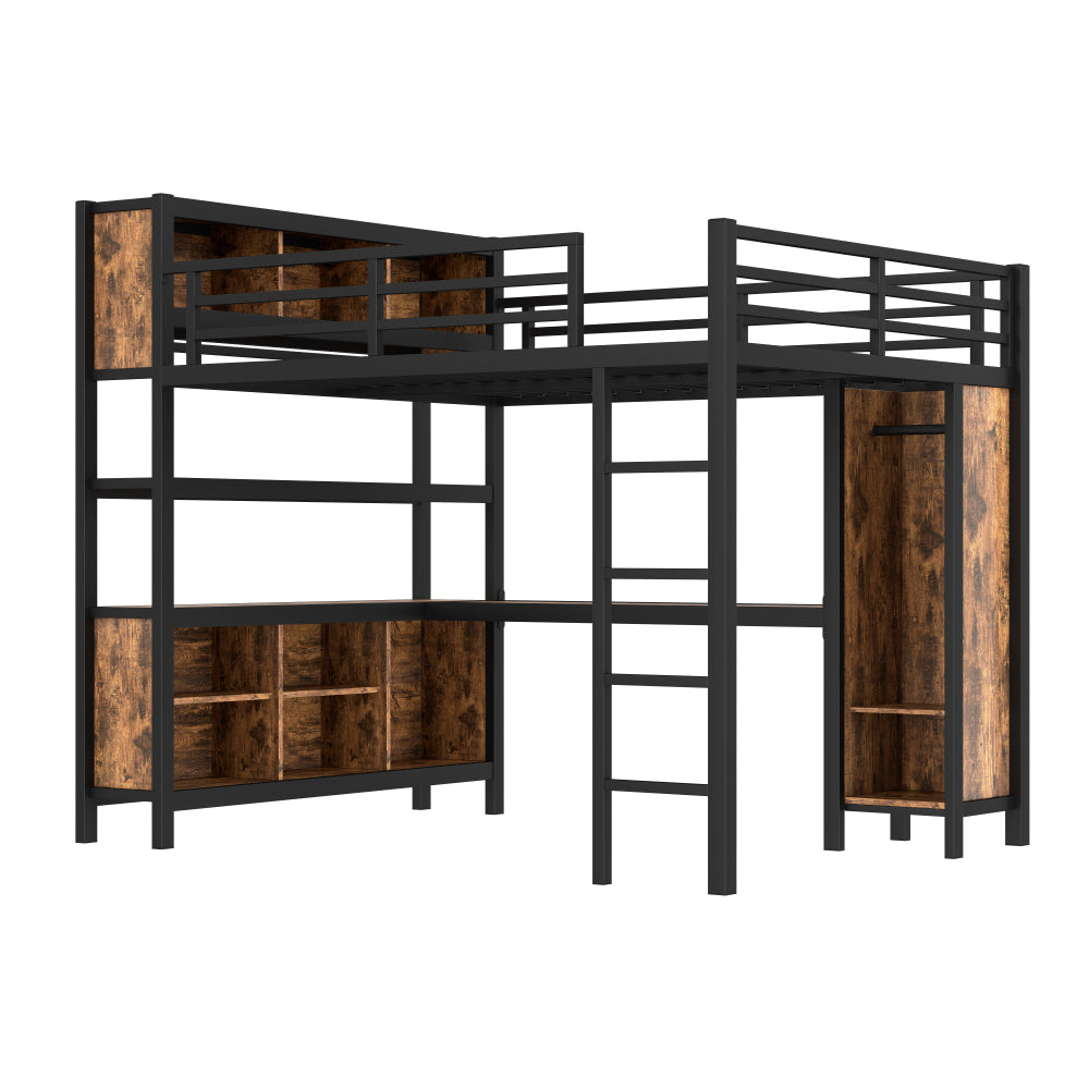 Metal Loft Bed with Wardrobe And L-shaped Desk, Queen Size Loft Bed with Storage Cubes and Shelves, Heavy Duty Loft Bed for Kids Teens Adults, Black Woodgrain