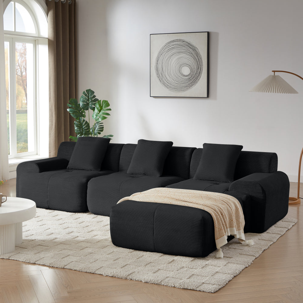 113" Modern L-Shaped Modular Sectional Sofa for Living Room, Corduroy Upholstery dark gray, Oversized 3-Seater Couch with Deep Seat and Movable Ottoman – No Assembly