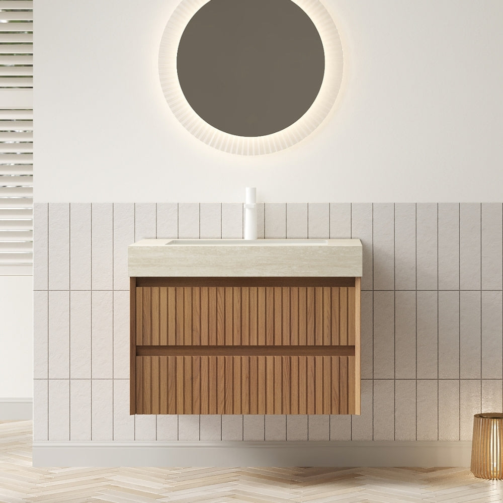 TILLEY 36" Bathroom Vanity&Sink, Floating Striped Plywood Storage Cabinet with 2 Drawers, Travertine-Pattern Sintered Stone Top with Ceramic Undermount Basin, Pre-assembled, Espresso Woodgrain Color