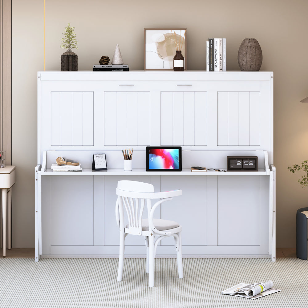 Queen Size Murphy Bed with Hydraulic Lift & Desk Design, White(OLD SKU: N820S00033K)